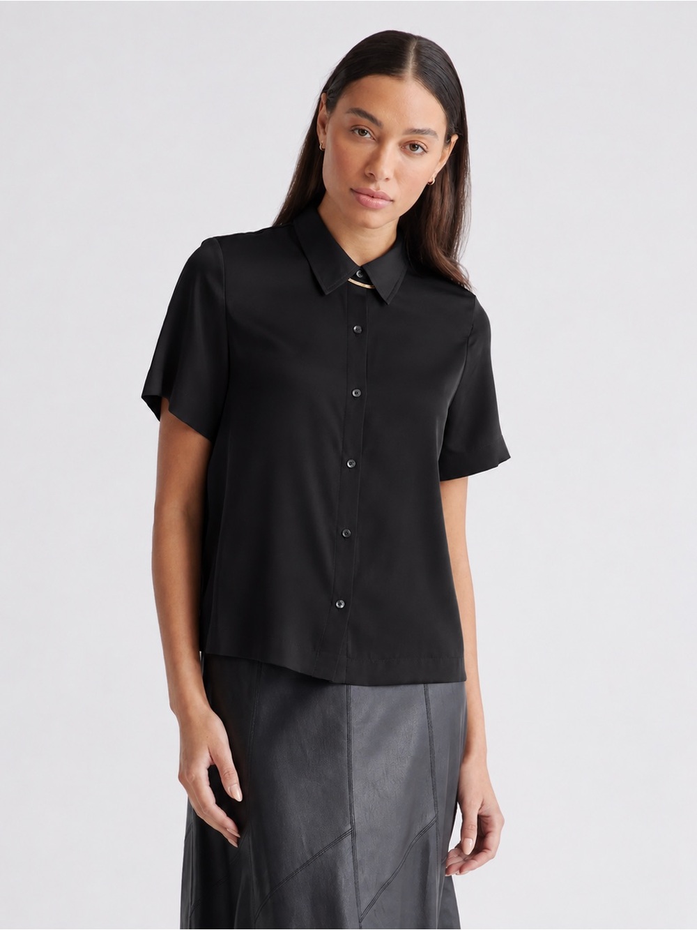 Quince Washable Stretch Silk Short Sleeve Blouse Black Size XL
